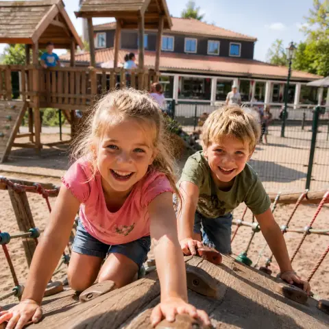 Kinderen spelen in de speeltuin bij het cafetaria